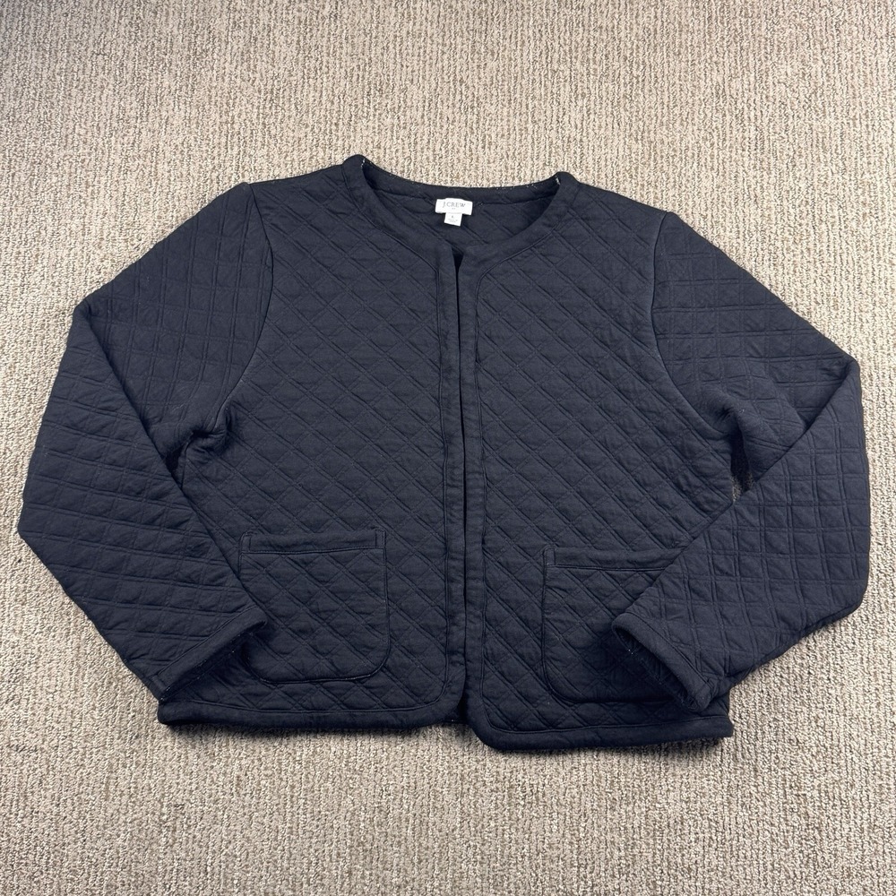 J Crew Factory Womens L Quilted Diamond Sweater Jacket Hook Eye Old Money Black